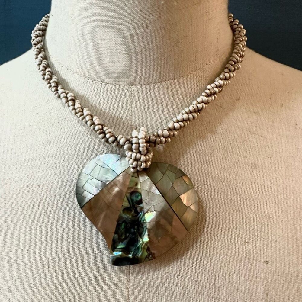 Large Abalone heart pendant   beaded choker  necklace